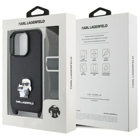 Karl Lagerfeld Saffiano Karl & Choupette Metal Pin CBDY Strap - Pouzdro iPhone 16 Pro Max (černé)