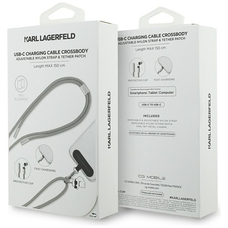Karl Lagerfeld Crossbody Strap Choupette Charm - Universal Phone Strap / USB-C to USB-C Cable 1.5m (Grey)
