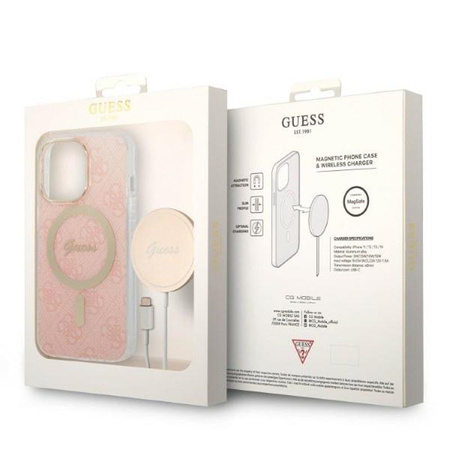 Guess Bundle Pack MagSafe 4G - MagSafe iPhone 13 Pro Max tok + töltő készlet (rózsaszín/arany)