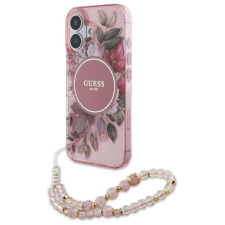 Guess IML Flowers With Pearl Strap MagSafe - Etui iPhone 16 Plus (różowy)