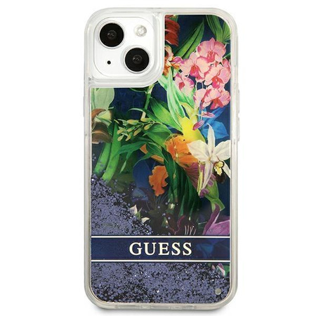 Guess Liquid Glitter Flower - étui pour iPhone 13 mini (bleu)