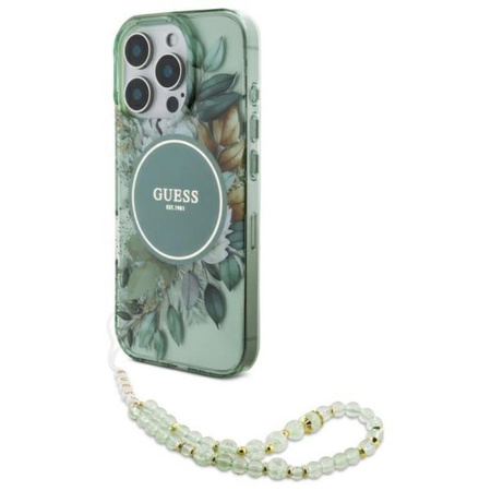 Guess IML Flowers With Pearl Strap MagSafe - pouzdro pro iPhone 16 Pro (zelené)