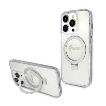 Guess Ring Stand Script Glitter MagSafe - iPhone 15 Pro Tasche (Transparent)