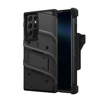 ZIZO BOLT Serie - Gepanzerte Hülle für Samsung Galaxy S22 Ultra mit 9H Glas für den Bildschirm + Halterung mit Ständer (schwarz)