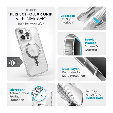 Speck Presidio Perfect-Clear Grip ClickLock & MagSafe - pouzdro pro iPhone 15 Pro Max (čiré / chromované provedení / stříbrná barva)