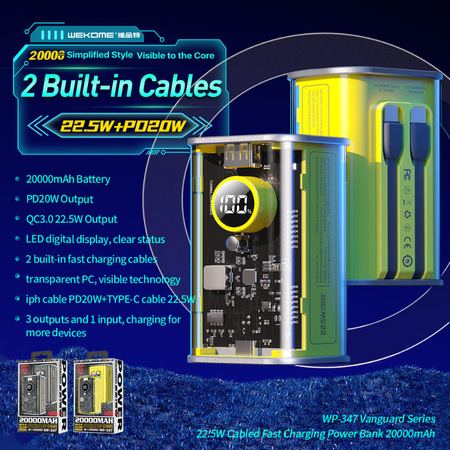 WEKOME WP-347 Vanguard Series - Power bank 20000 mAh Super Fast Charging with built-in USB-C PD 20W & Lightning + USB-A QC3.0 22.5W cable (Yellow)