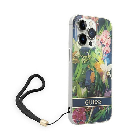 Guess Flower Cord - Etui avec dragonne iPhone 14 Pro Max (bleu)