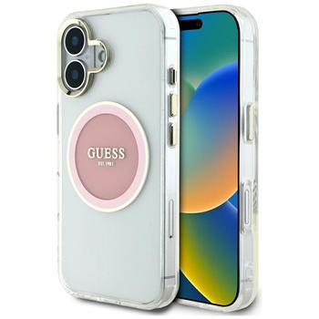 Guess IML Metallfarbener Kreis Klassisches Logo MagSafe - Hülle für iPhone 16 (rosa)