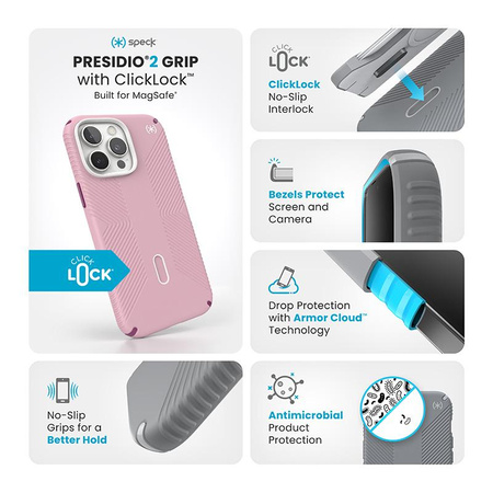 Speck Presidio2 Grip ClickLock & MagSafe - iPhone 16 Pro Max Fall (Mittwoch Rosa / Boysenberry lila / weiß)