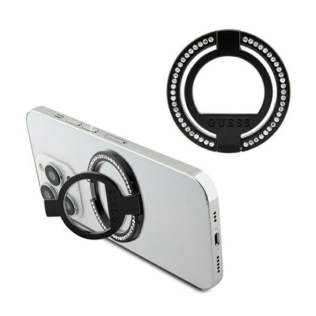 Guess MagSafe Ring Stand Rhinestone - Mágneses ujjtartó telefonhoz állvány funkcióval (Fekete)
