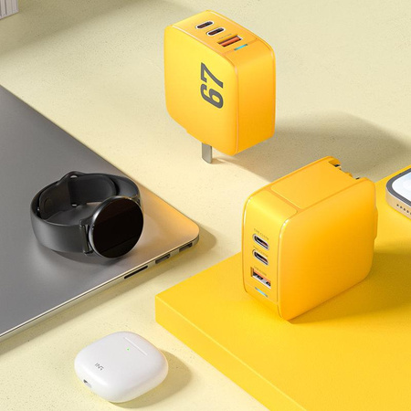 WEKOME WP-U141 Tint Series - 2x USB-C & USB-A Super Fast Charger GaN 67W Power Charger (Yellow)
