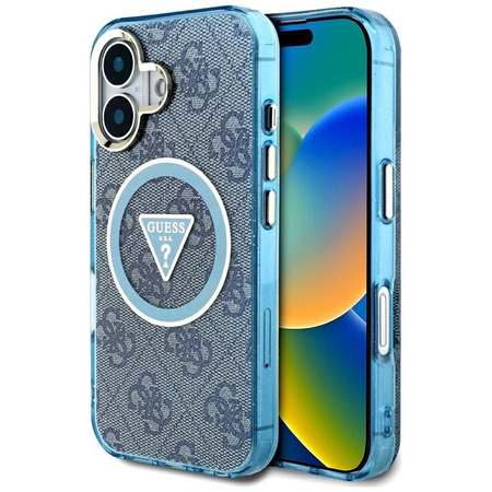 Guess IML Metal Glitter 4G Circle Triangle MagSafe - Coque pour iPhone 16 (bleu)