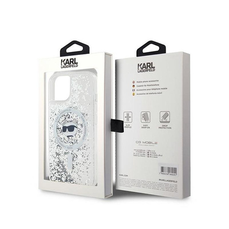 Karl Lagerfeld Liquid Glitter Choupette Head MagSafe - pouzdro pro iPhone 15 Plus / 14 Plus (průhledné)