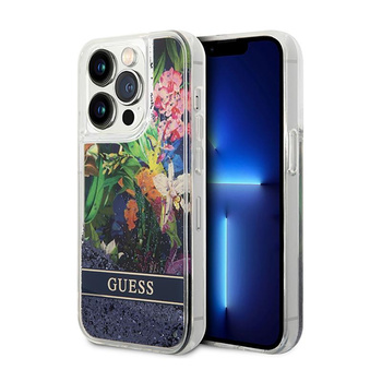 Guess Liquid Glitter Flower - Coque iPhone 14 Pro (bleu)