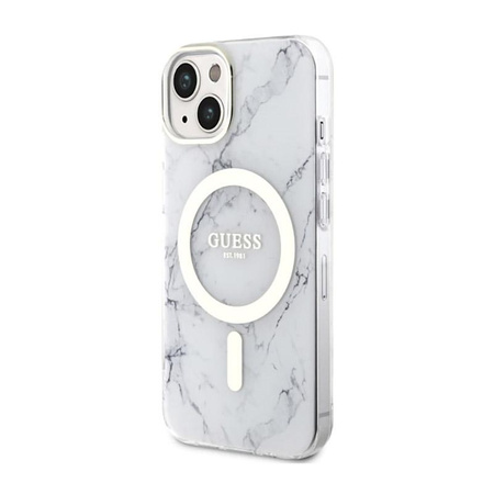 Guess Marble MagSafe - pouzdro pro iPhone 14 Plus (bílé)