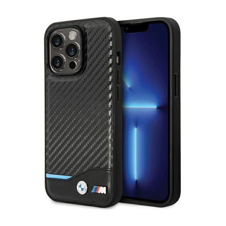 BMW Leather Carbon Blue Line - Coque pour iPhone 13 Pro Max (Noir)