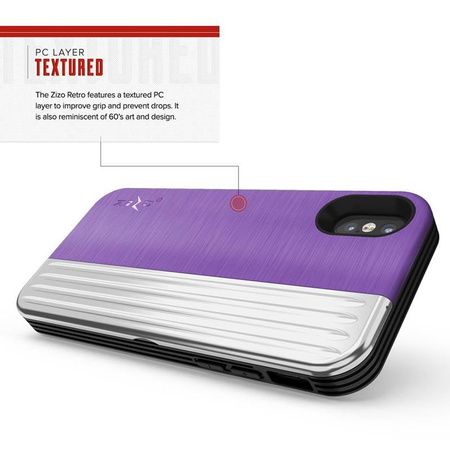 Zizo Retro Series - Coque pour iPhone Xs/ X avec pochette pour cartes + support + écran en verre 9H (Violet/Argent)