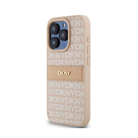 DKNY Bőr mono csíkos és fém logóval - iPhone 15 Pro tok (rózsaszín)