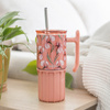 Quokka Umi - 720 ml Stainless Steel Thermal Mug with Straw and Silicone Coaster (Floral Coral)