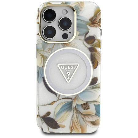 Guess Glitter Flowers Triangle Buttons MagSafe - Case for iPhone 16 Pro Max (white)