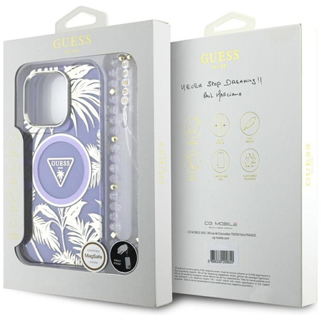 Guess Palm Trees Triangle Pearl Strap MagSafe - pouzdro pro iPhone 16 Pro (fialové)