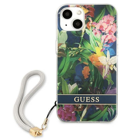 Guess Flower Cord - Etui avec dragonne iPhone 13 (Bleu)