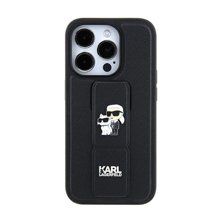 Karl Lagerfeld Gripstand Saffiano Karl & Choupette Pins - iPhone 11 Tasche (schwarz)