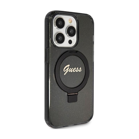 Guess Ring Stand Script Glitter MagSafe - Etui iPhone 15 Pro (czarny)