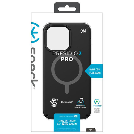 Speck Presidio2 Pro MagSafe - Antibakteriális tok iPhone 14 Pro Max készülékhez (fekete / fekete / fehér)