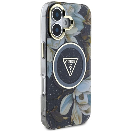 Guess Glitter Flowers Triangle Buttons MagSafe - pouzdro pro iPhone 16 (černé)