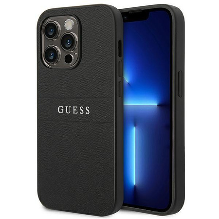 Guess Saffiano Metal Logo Stripes - pouzdro pro iPhone 14 Pro (černé)