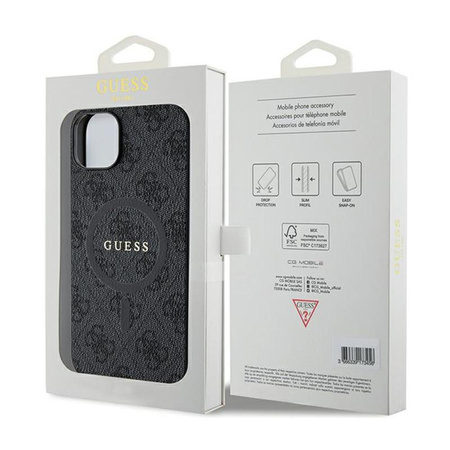 Guess 4G Collection Cuir Logo Métal MagSafe - Étui iPhone 15 / 14 / 13 (noir)