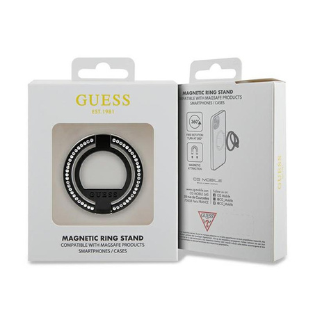 Guess MagSafe Ring Stand Rhinestone - Magnetický držák na prst pro telefon s funkcí stojánku (černý)