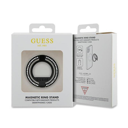 Guess MagSafe Ring Stand Rhinestone - Mágneses ujjtartó telefonhoz állvány funkcióval (Fekete)