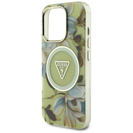 Guess Glitter Flowers Triangle Buttons MagSafe - étui pour iPhone 16 Pro (vert)
