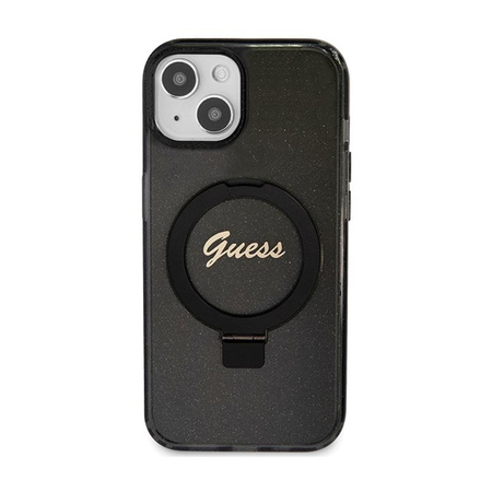 Guess Ring Stand Script Glitter MagSafe - iPhone 15 Plus tok (fekete)