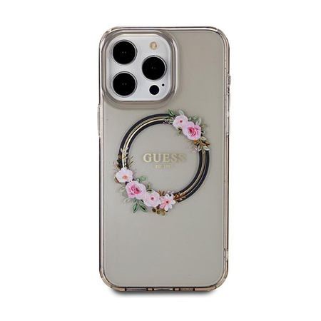 Guess IML Flowers Wreath MagSafe - pouzdro pro iPhone 15 Pro Max (černé)