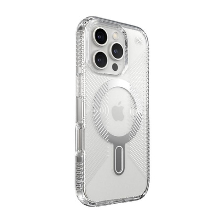 Speck Presidio Perfect-Clear Grip ClickLock & MagSafe - Coque iPhone 16 Pro (Clair / Finition Chrome / Argent Serein)