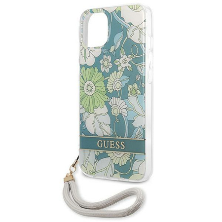 Guess Flower Cord - Etui avec dragonne iPhone 13 (Vert)