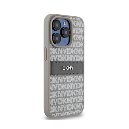 DKNY Leather Mono Stripe & Metal Logo - Coque pour iPhone 15 Pro (beige)