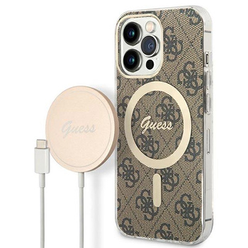 Guess Bundle Pack MagSafe 4G - Set aus hülle für iPhone 13 Pro Max + MagSafe Ladegerät (Braun/Gold)