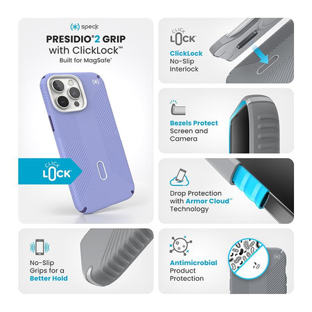 Speck Presidio2 Grip ClickLock & MagSafe - iPhone 16 Pro Max Case (Future Lavender / Cassis Purple / White)