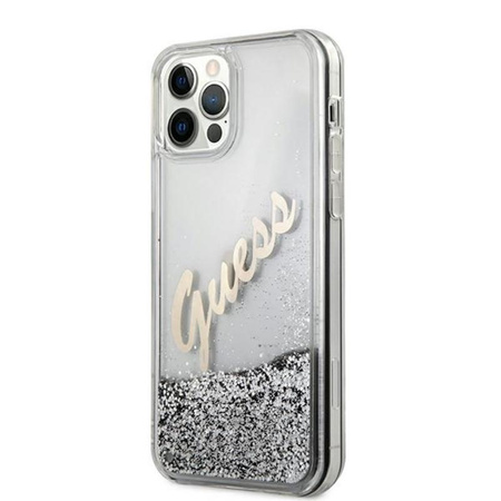 Guess Glitter Vintage Script - Coque iPhone 12 / iPhone 12 Pro (argent)