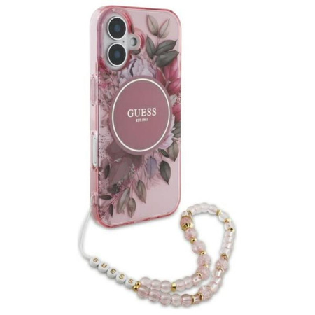 Guess IML Flowers With Pearl Strap MagSafe - iPhone 16 Case (pink)