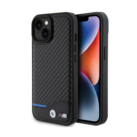 BMW Leather Carbon Blue Line - iPhone 15 tok (fekete)