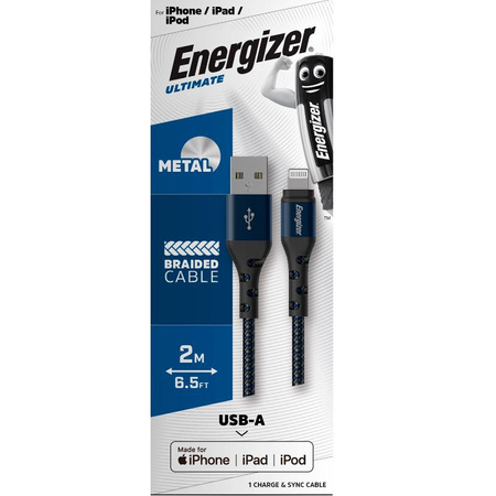 Energizer Ultimate - Câble de connexion USB-A vers Lightning certifié MFi 2m (Bleu)