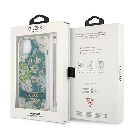 Guess Flower Cord - Etui avec dragonne iPhone 13 mini (Vert)