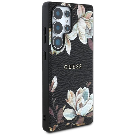 Guess Genarbtes gedrucktes Blumenmuster MagSafe - Hülle für Samsung Galaxy S25 Ultra (schwarz)