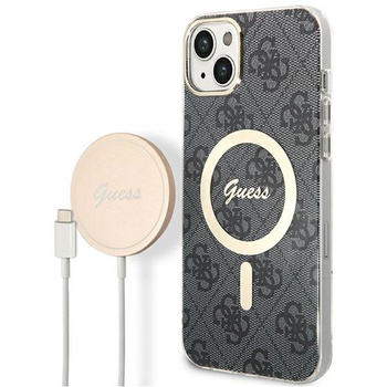 Guess Bundle Pack MagSafe 4G - Pouzdro MagSafe pro iPhone 14 + sada nabíječky (černá/zlatá)