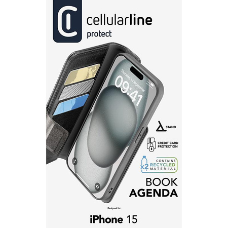Cellularline Book Agenda - iPhone 15 Hülle mit MICROBAN Beschichtung (schwarz)